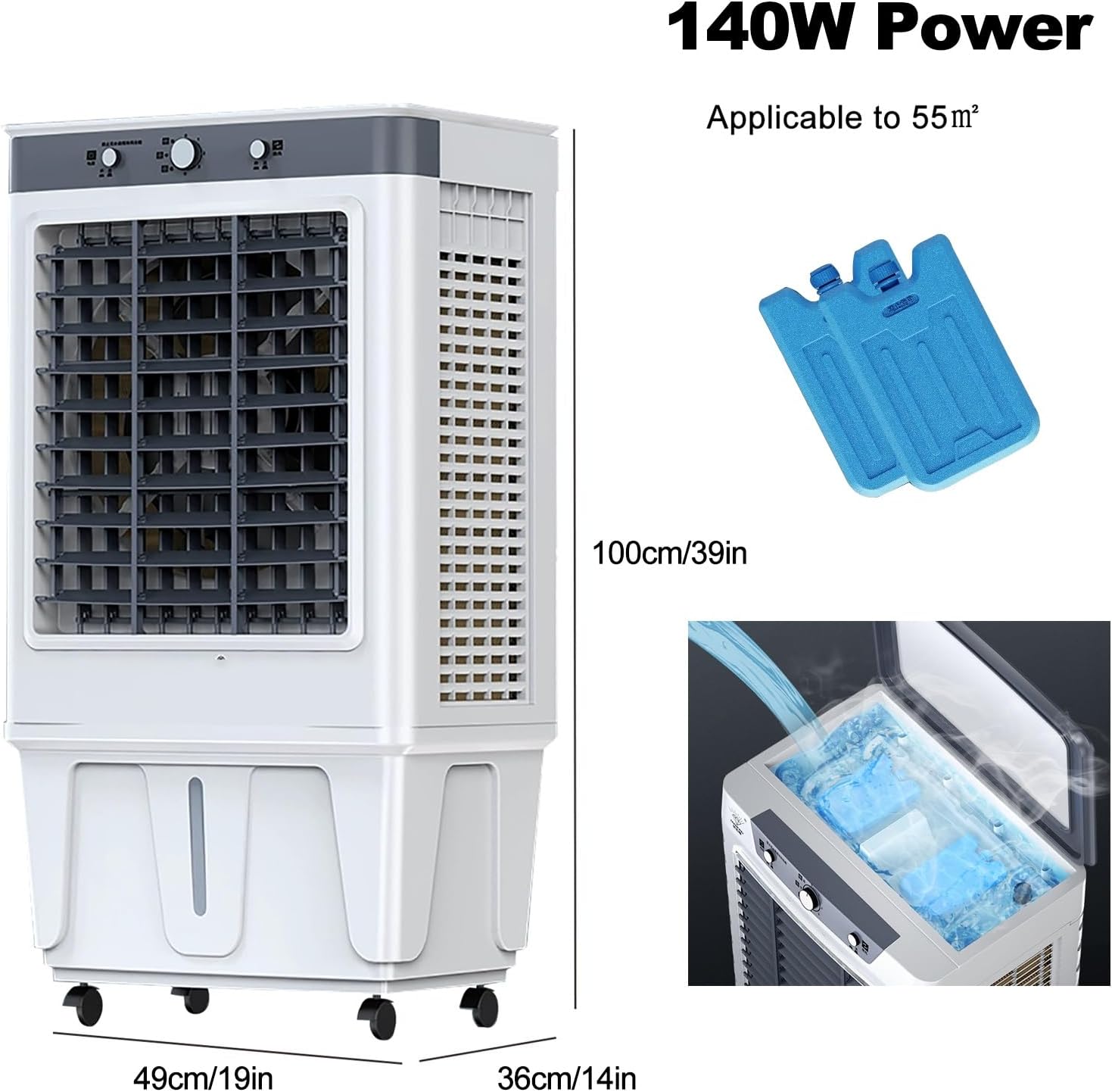 Evaporative Cooler Air Conditioner 3 Speeds, Swamp Cooler for Cooling, Portable Air Cooler Fan for Room, Outdoor, Commercial, Office, 7000m³/H Air Volume(49x36x100cm/19x14x39inch)