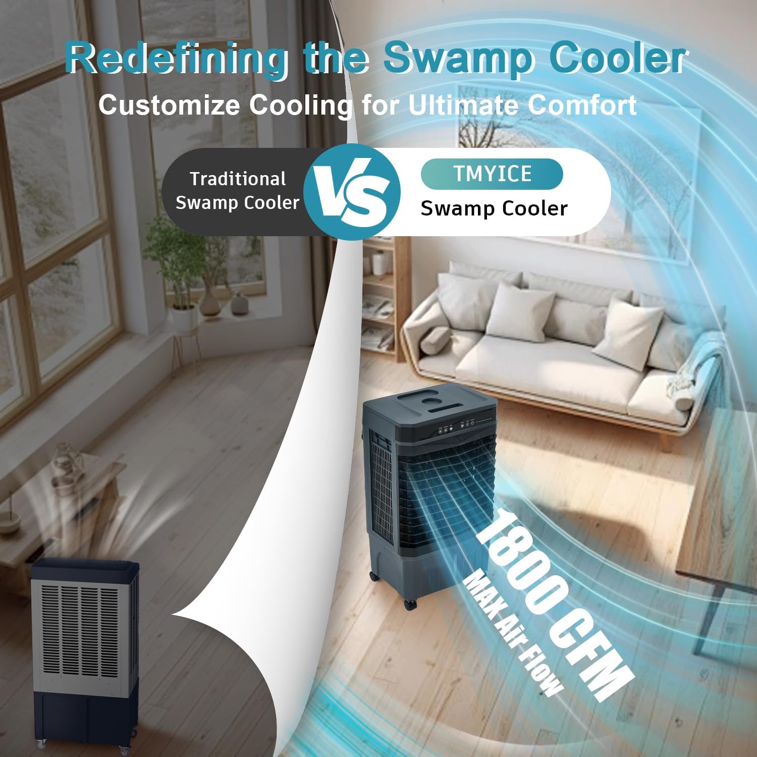 1800 CFM Swamp Cooler Portable Air Conditioners, 31” Evaporative Air Cooler with 4 Gallon Water Tank, 4 Ice Packs, 120°Oscillation Cooling Fan 2 Modes & 3 Speeds, 12H Timer for Home Outdoor Office