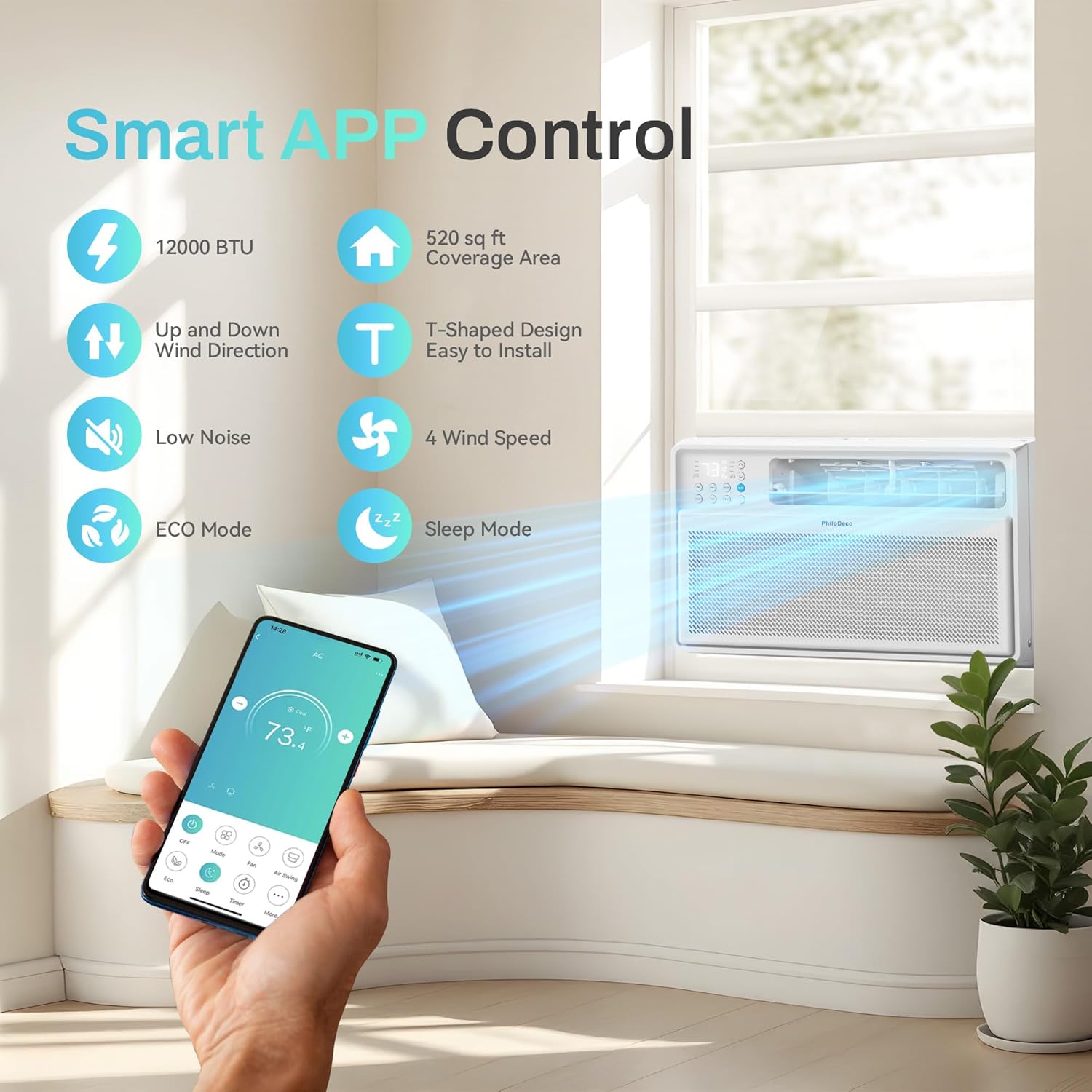 PhiloDeco Energy Star Window Air Conditioner,12000 BTU 520 sq ft. Air Conditioner Window unit with Wifi Inverter Ac, Remote Control, Ultra Quiet & Easy Installation, ECO/24 Timer/Auto Restart
