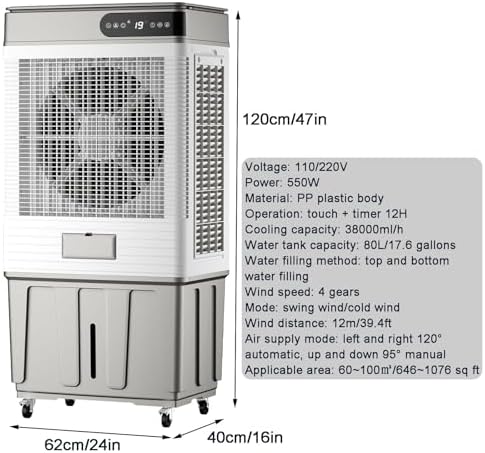 Swamp Cooler, Portable Evaporative Cooler with Remote, Air Conditioner Fan with 17.6 Gal Water Tank, 120° Oscillation, 3 Speeds, 4 Ice Boxes