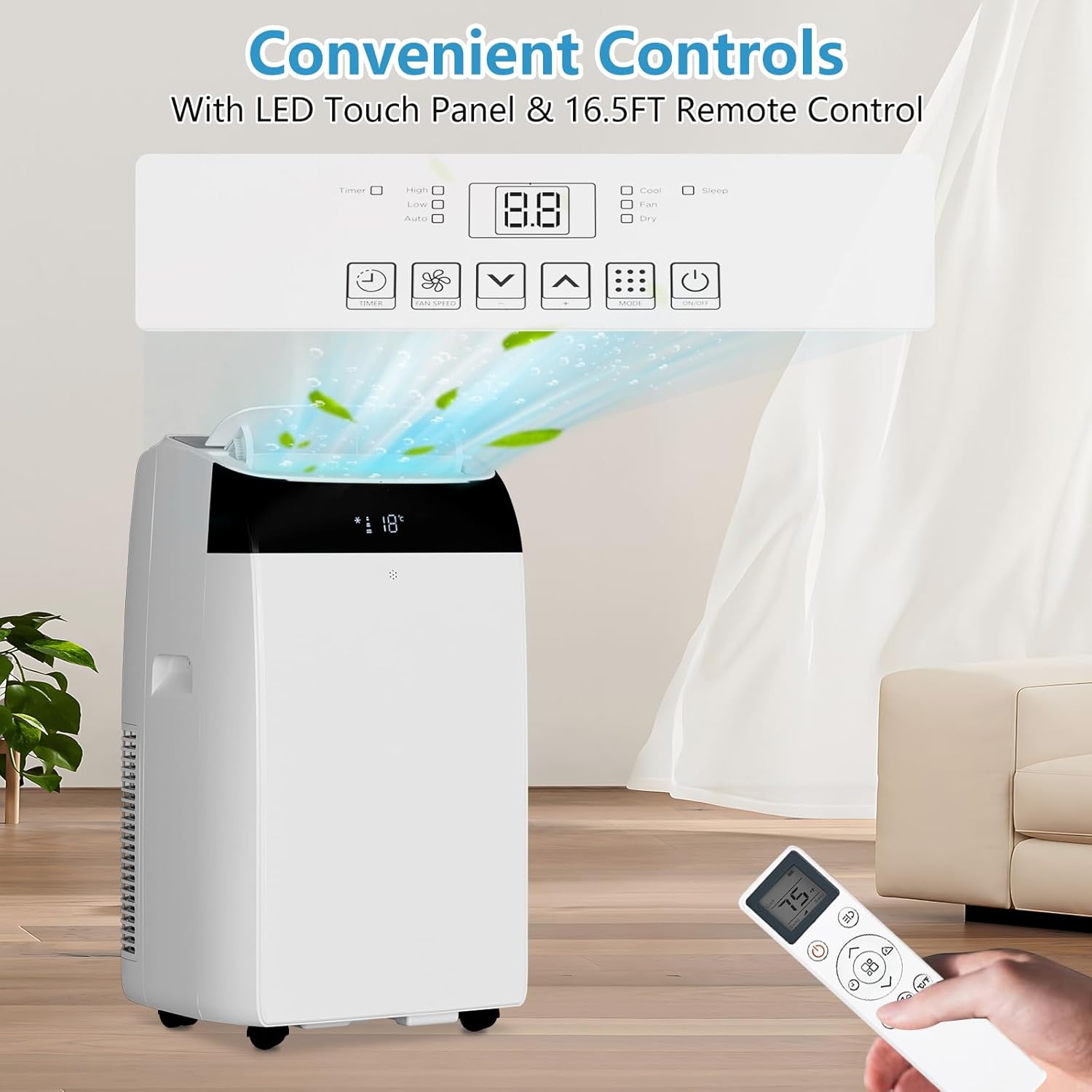14,000 Btu Portable Air Conditioner, 3 in 1 Air Conditioner with Dehumidifier & Fan Modes, Energy-Efficient, Ultra-Quiet AC Unit with Remote Control & 24H Timer,White