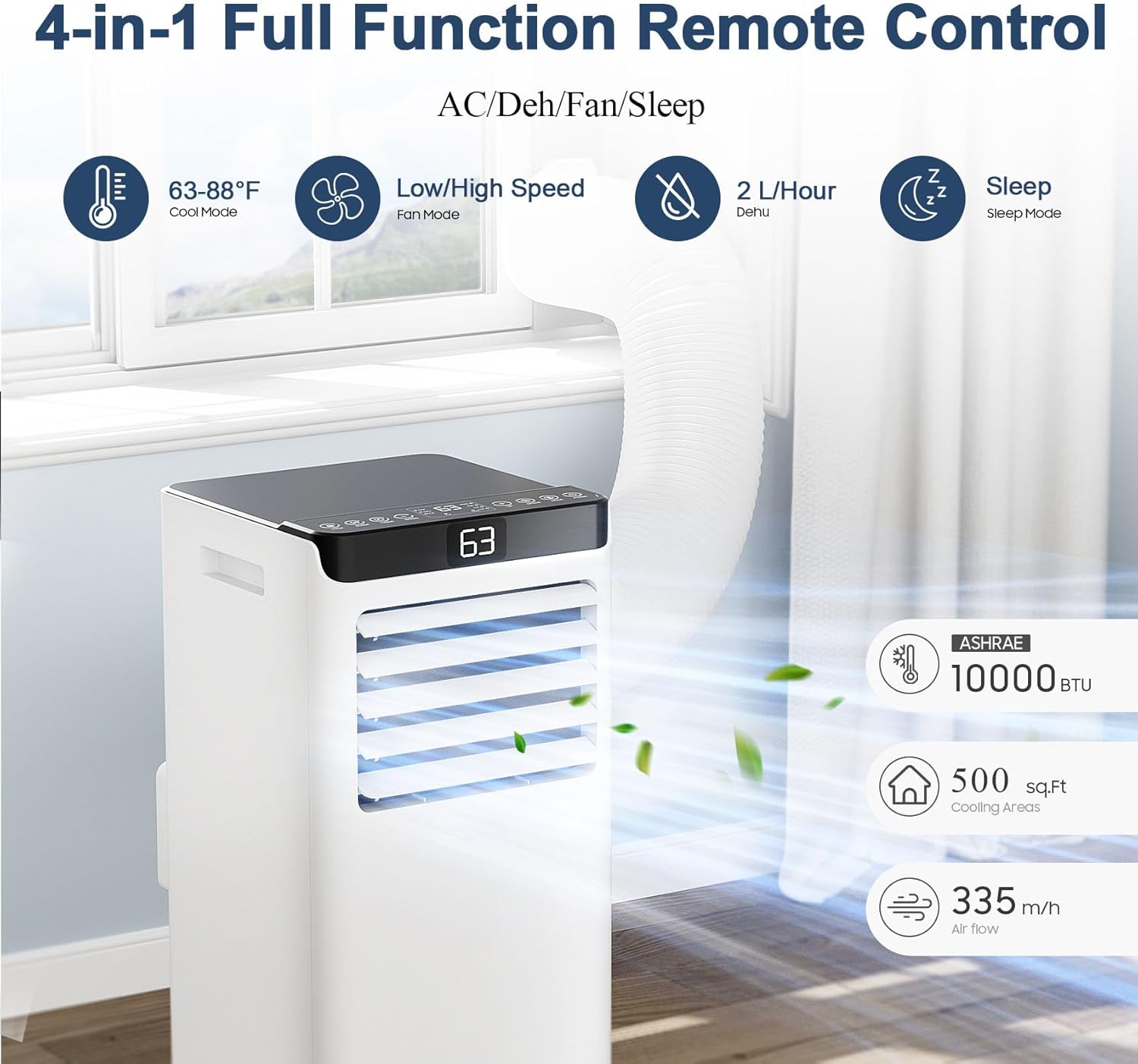 Portable Air Conditioners 10,000 BTU Air Conditioner Portable for Room up to 450 Sq.Ft. Portable AC Unit with Remote Control 4 Modes Dehumidifier Window Mount Exhaust Kit (YN-10K/07I)