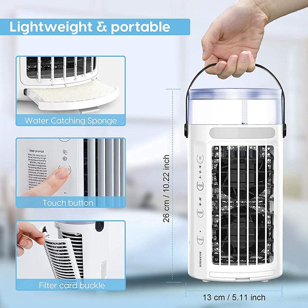 Portable Air Conditioner Fan, Mini Evaporative Air Cooler Super Quiet Desk Air Cooling Fan with Handle, 7 Colors LED Light Humidifier-White