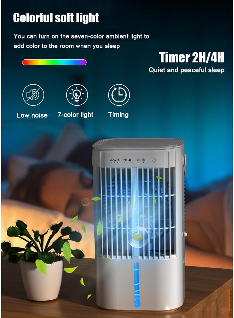 Portable Air Conditioner, Air Cooler Evaporative, Air Cooling Fan & Humidifier, 3 Speeds Mode 7 Colors LED Quiet Mini Air Conditioner Fan for Home Office(White)