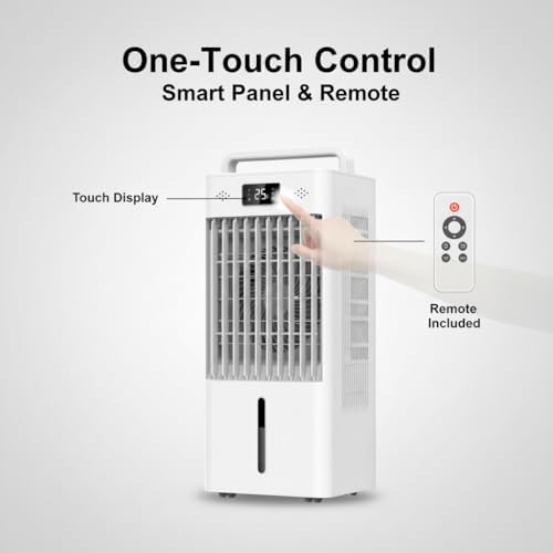 Garvee Evaporative Air Cooler, 10L (2.6Gal) Portable Cooler Fan with TOUCH SCREEN & Remote Control, 3 Speeds & 3 Modes, LED Display, Ice Packs & Casters Included, for Bedroom, Office, Home