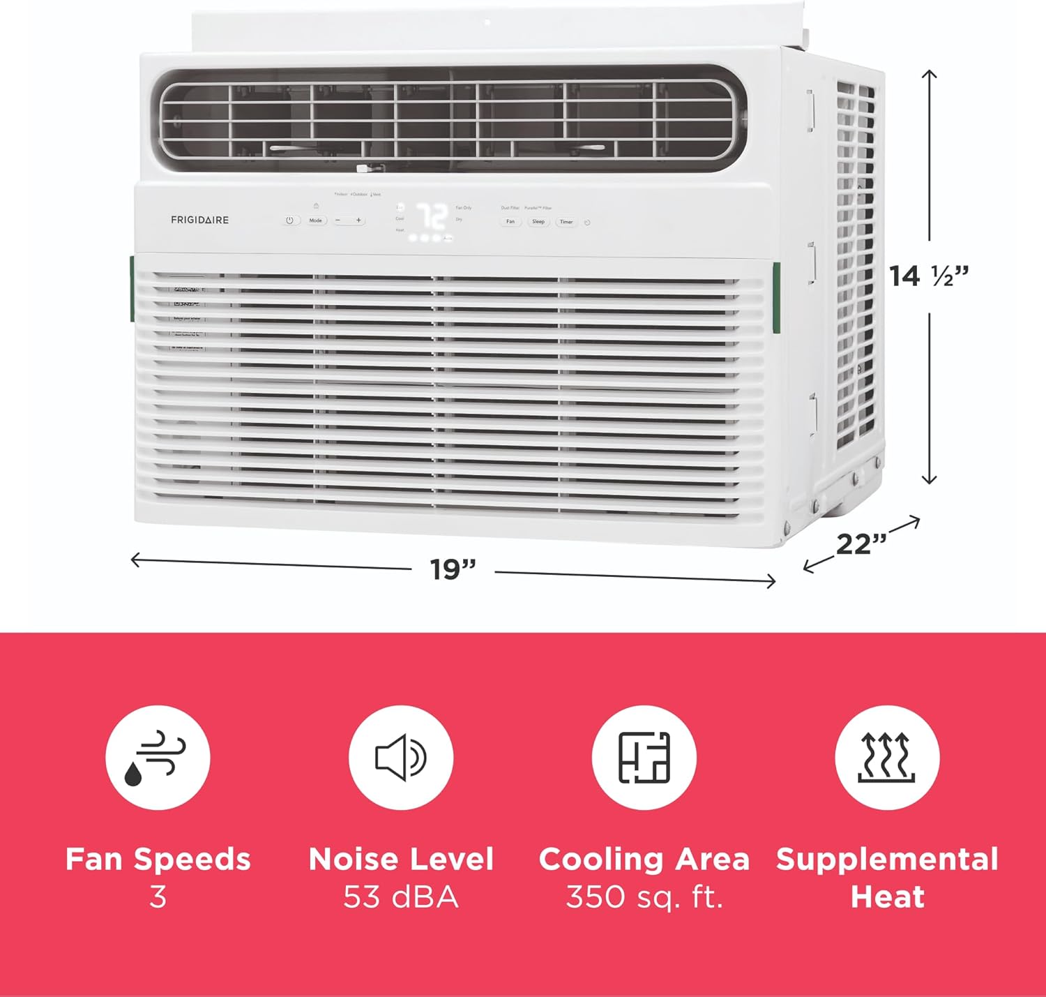 Frigidaire 8,000 BTU Window Air Conditioner with Supplemental Heat, Cools & Heats Up to 350 Sq. Ft., Remote Control, Quiet Operation, Eco Mode, 3 Fan Speeds, White