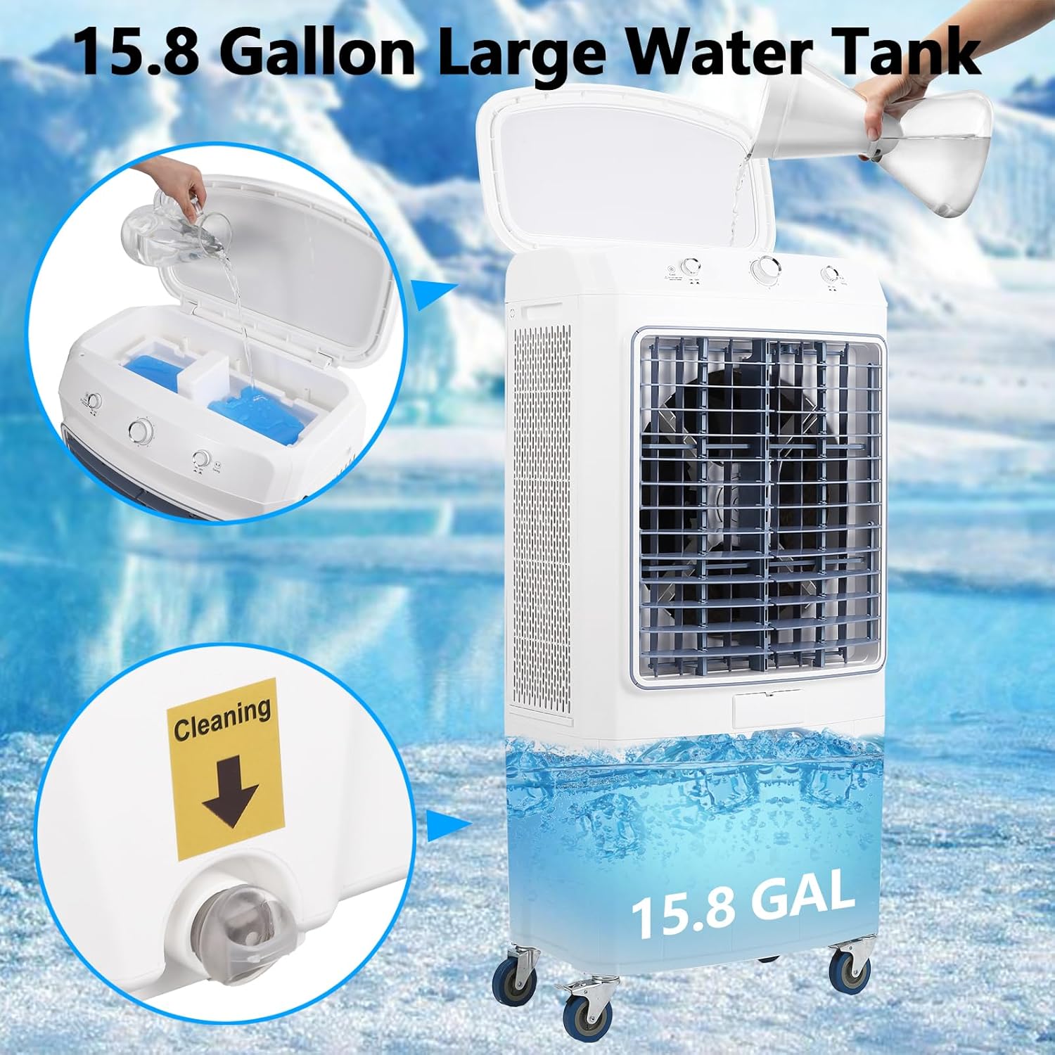 6500 CFM Evaporative Air Cooler, 15.8 Gallon Swamp Cooler with 4 Ice Packs, 3 Wind Speeds and Modes, 3-in-1 Swamp Cooler Air Conditioner, Portable Air Cooler Fan for Indoor Garage Outdoor Patio