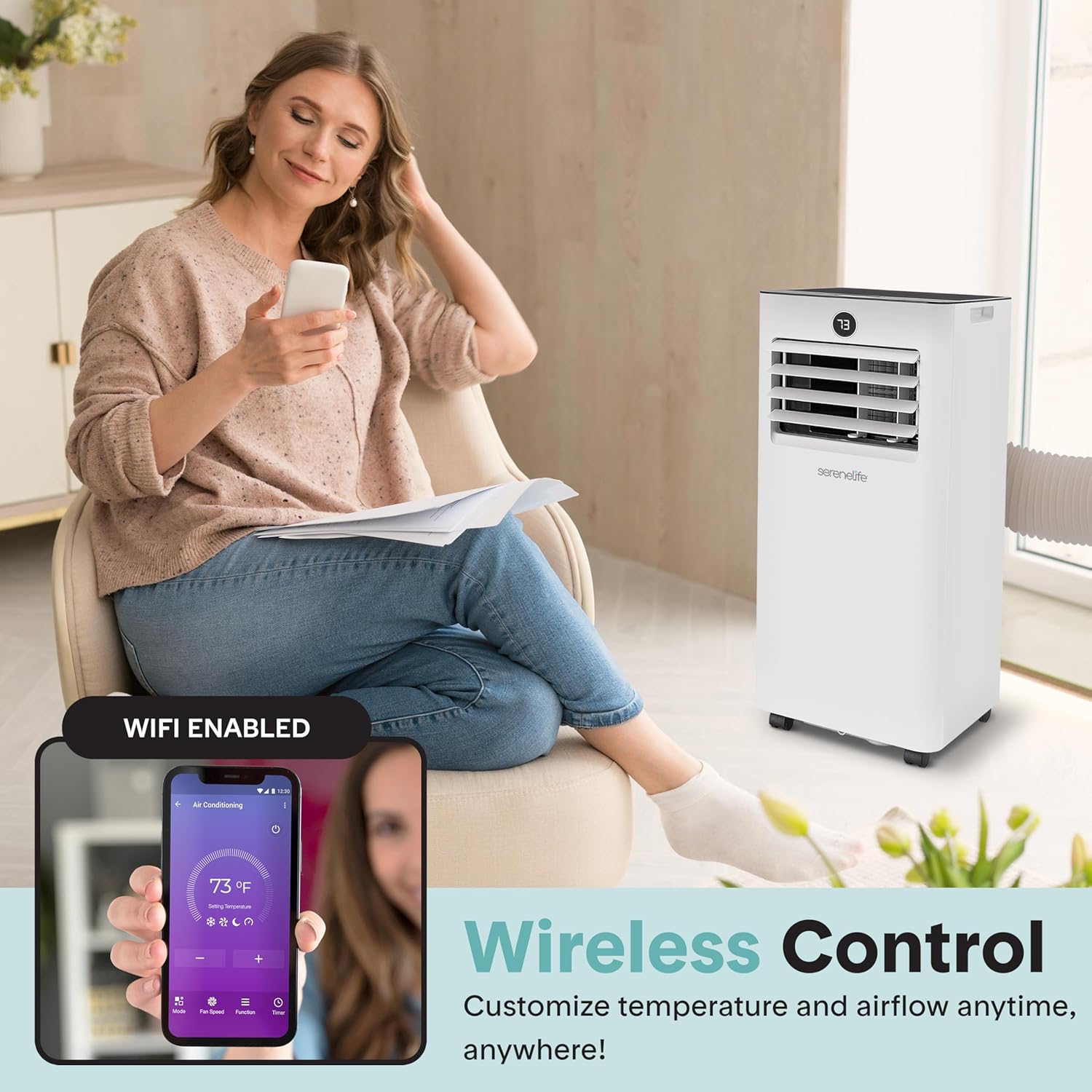 SereneLife 10,000 BTU Portable Air Conditioner, Small AC with Dehumidifier and Fan, Wifi Function, Mini AC Unit with 450 Sq. Ft. Coverage, Includes Remote Control and Window Mount Kit