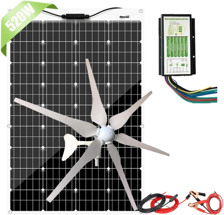 500W Solar Wind Power Kit: 400W Wind Turbine Generator + 120W Flexible Mono Solar Panel + Hybrid Charge Controller