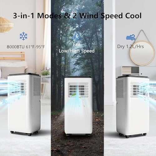 8000 BTU Portable Air Conditioner, 3-In-1 Cool, Fan, Dehumidify Modes, Cools up to 350 sq.ft, Quiet AC Unit with LED Display, with Remote Control, 24 Hour Timer for Room, Dorm, Office