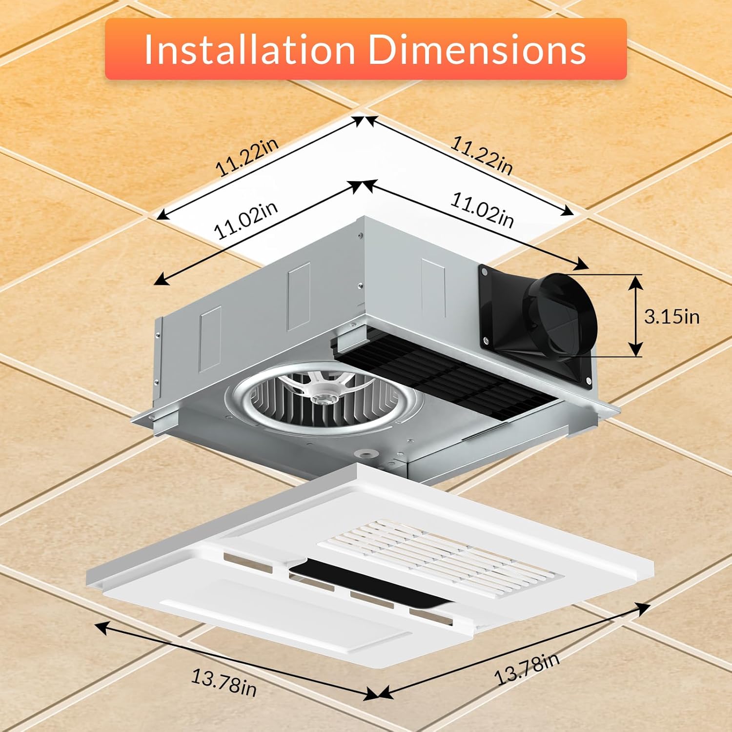 1800W Bathroom Exhaust Fan with Light and Heater, 110 CFM 4-in-1 Ceiling Vent Fan, 1.0 Sone Quiet Operation, 11.2” x 11.2” Ceiling Cutout, 13.8” Grille, 6500K LED Light, Metal Housing