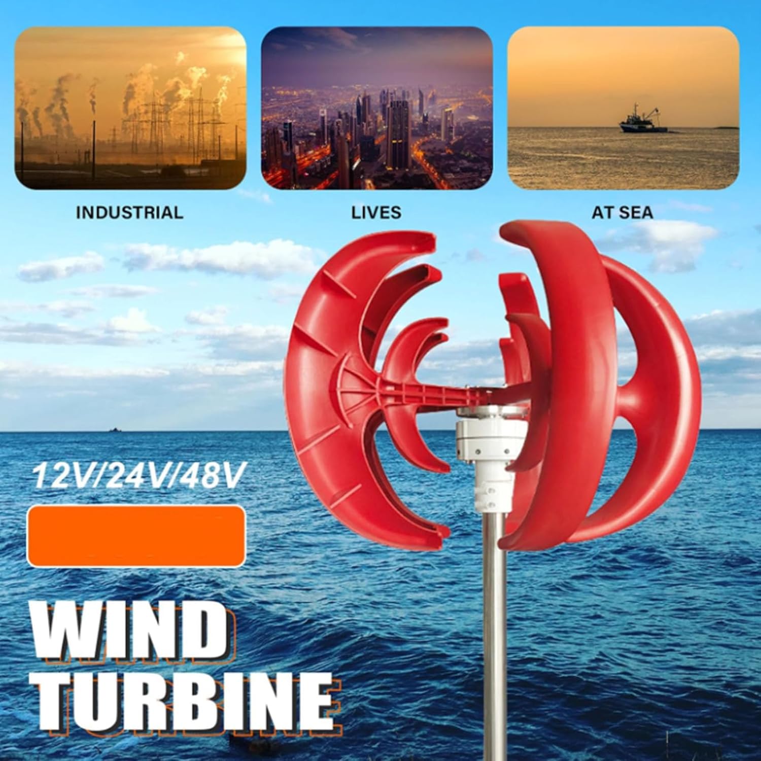 1000W Red Vertical Axis Wind Turbine Generator Kit, Noiseless Wind Turbine Generator with Mppt Controller for Home Camping 24V