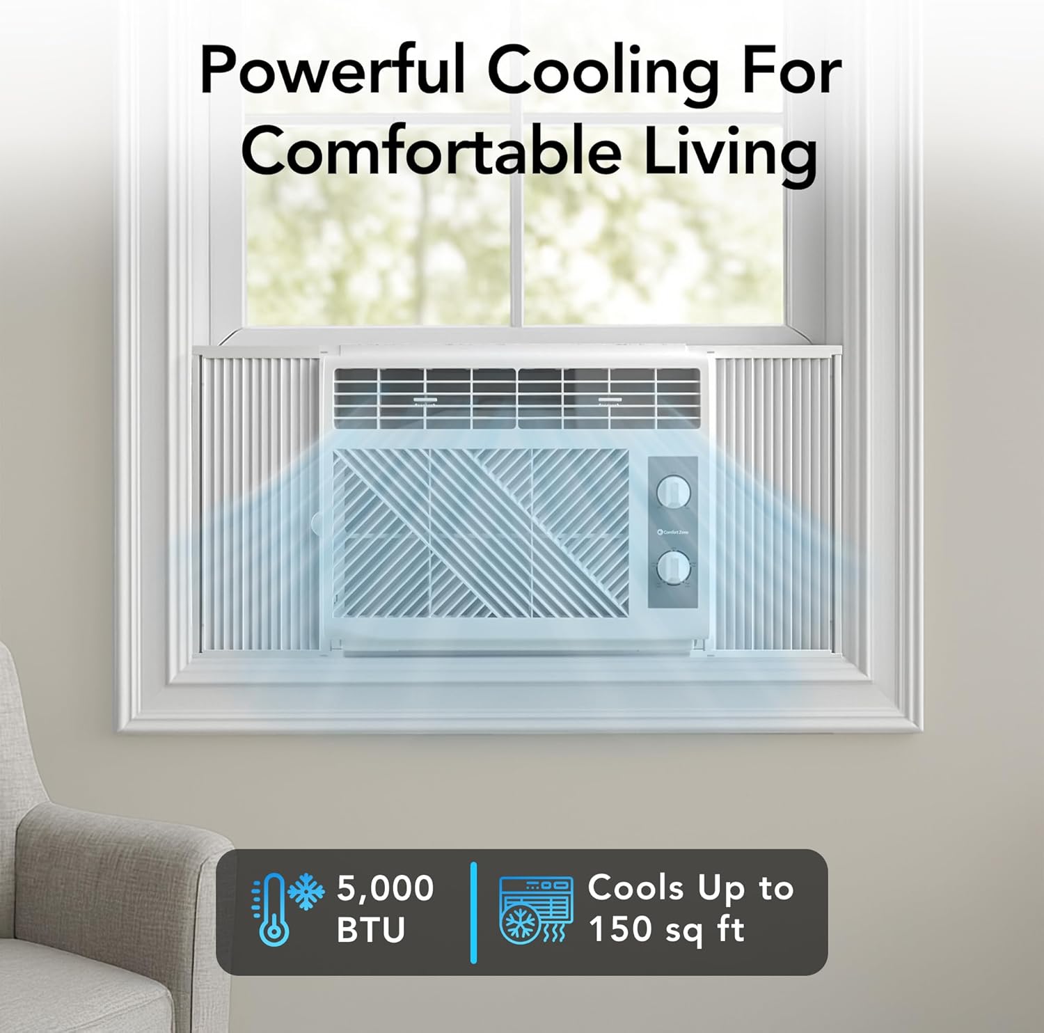 Comfort Zone Window Mounted Room Air Conditioner, 5,000 BTU, 7 Temperature Settings, 2 Fan Modes, Cool up to 150 Sq. Ft., Washable Filter, White