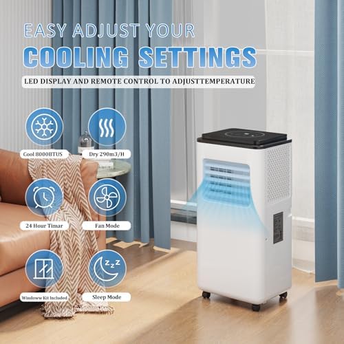 Portable Air Conditioner with Remote Control 3-in-1 (Cooling, Fan, Dehumidifier), Easy-to-Install, Ideal for Rooms, Offices, Dorms & Small Apartments, White (8000BTU)