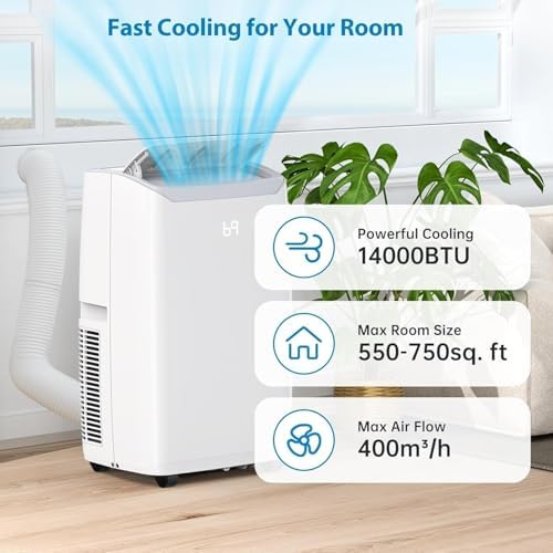 Portable Air Conditioners 14000 BTU, Energy Efficient AC with Remote Control & 24H Timer, Ultra Quiet Cooling Unit for Large Rooms Up to 750 Sq. Ft, Office, Bedroom, White