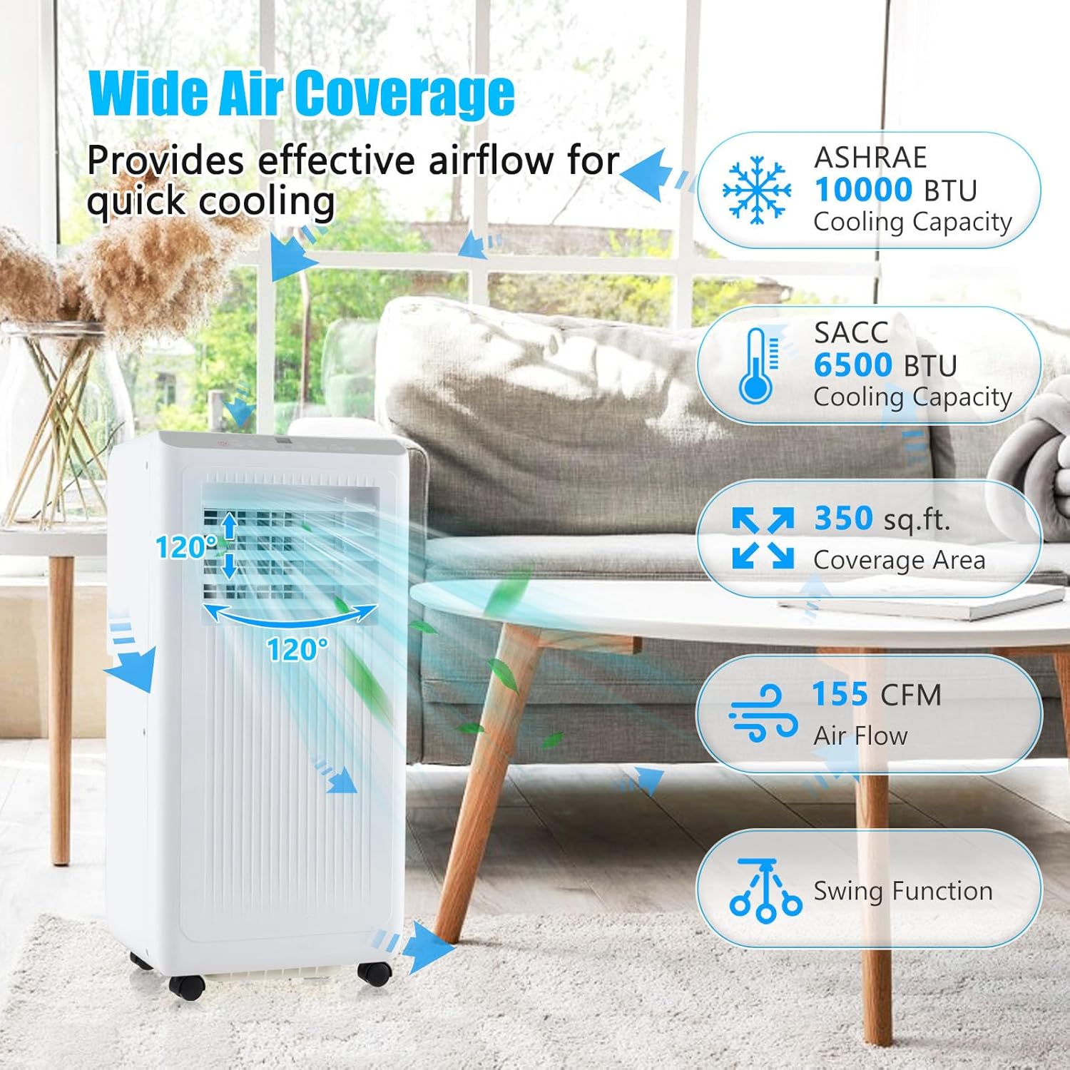 GOFLAME 10000BTUS Portable Air Conditioner for Rooms up to 250 Sq.Ft, 3-in-1 AC Unit on Wheels w/Cooling, Fan, Dehumidifier, Sleep Modes, 24H Timer, Remote Control Installation Kit, Floor AC Unit