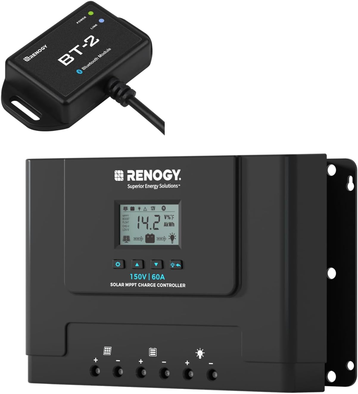 Rover Lite 60A MPPT Solar Charge Controller + BT-2 Smart Monitor Bundle-12V/24V/48V 150V Input, Auto Lithium/AGM/Gel, Bluetooth App Control for RV Marine Off-Grid Solar Kits