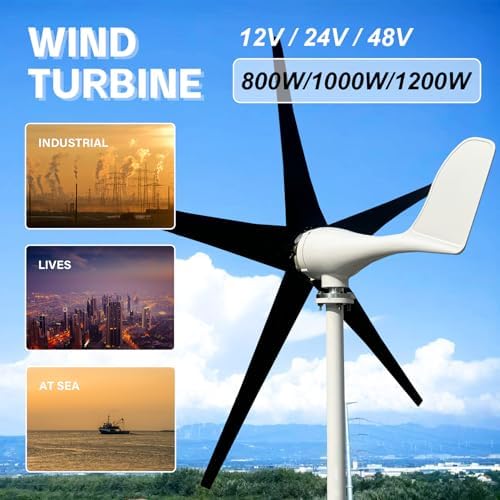 800W-1200W Wind Turbine Generator Kit - 12V/24V/48V, MPPT Controller, 5 Durable Black Blades, Aluminum Alloy Shell for Home, Boats, Roofs, Parks, Farms, 1000W Power Output