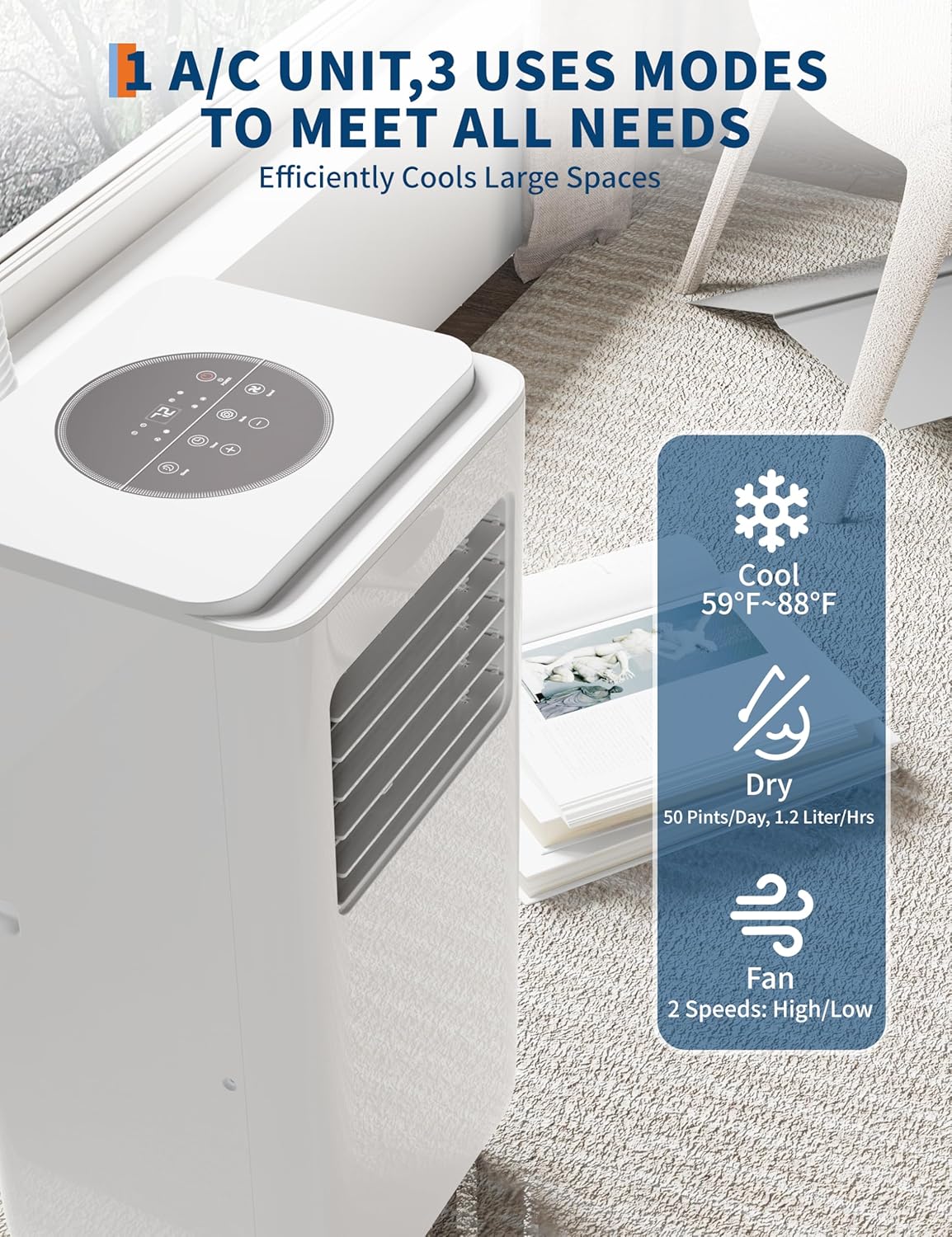 10000 BTUs (ASHRAE) / 6500 BTUs (SACC) Portable Air Conditioner – Quiet Room AC with Cooling, 2-Speed Fan, 46 Pints/Day Dehumidification, Remote Control, Timer, for Rooms Up to 450 Sq.Ft.