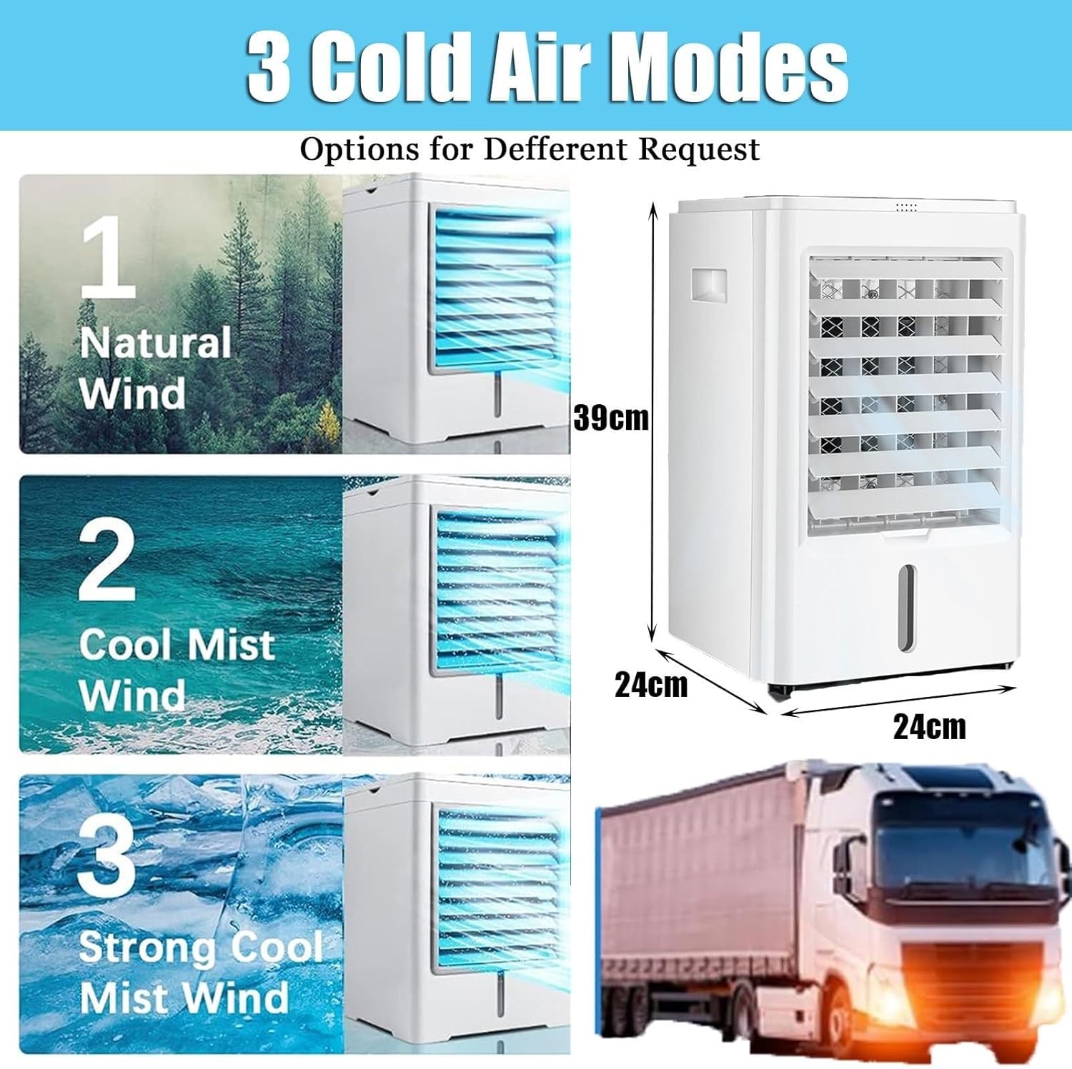 Portable 4-in-1 Air Conditioner with 3 Speeds & 4 Modes, 4L Water Tank, Remote Control, Evaporative Cooling Fan for Home, Office, Truck, RV (12V/220V)(24V/220V)