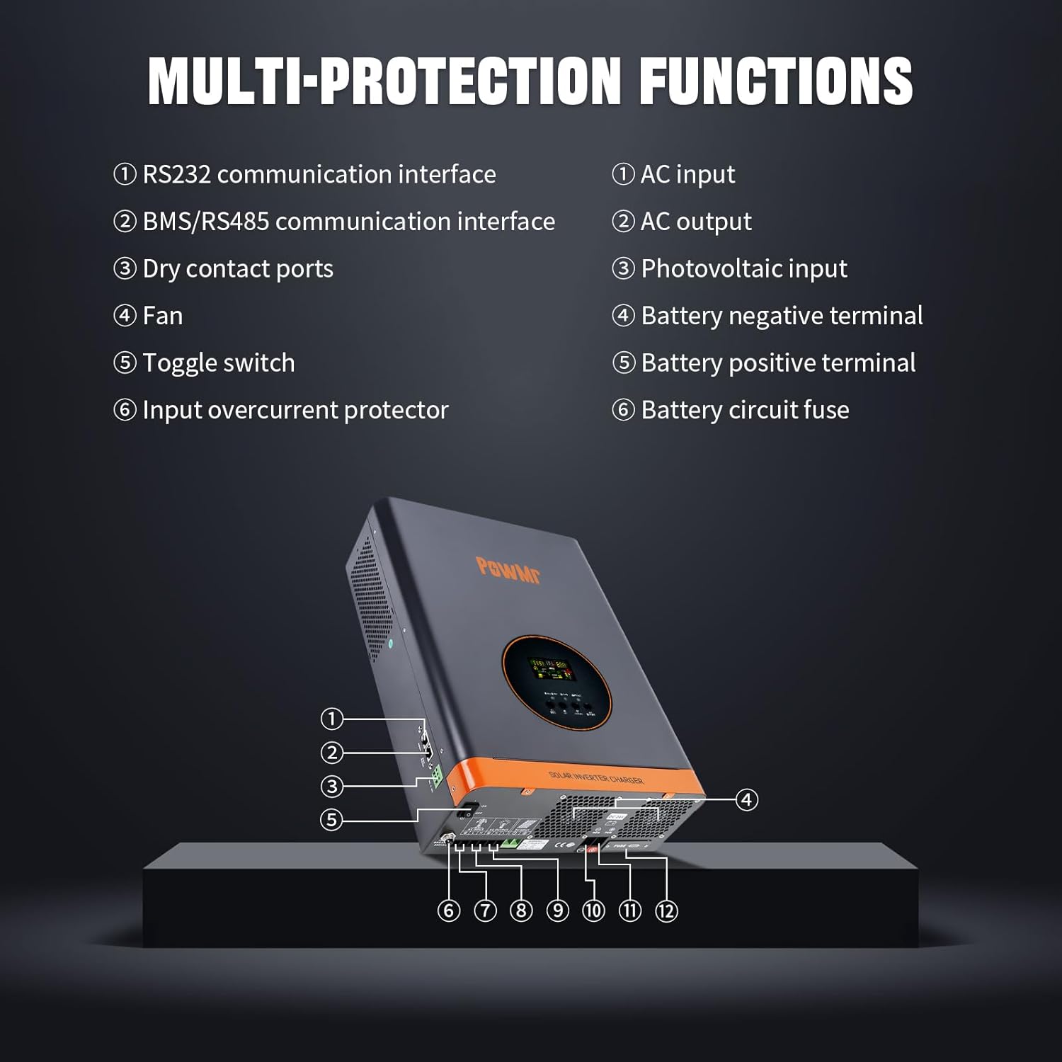 Hybrid Solar Inverter 3000W, 24VDC to 110/120VAC, Off Grid Low Frequency Inverter w/Peak 9000W, Max PV Array 1600W, PV Voc max 105 Vdc, 60A MPPT Charge Controller, for 24V Lead Acid & Lithium Battery