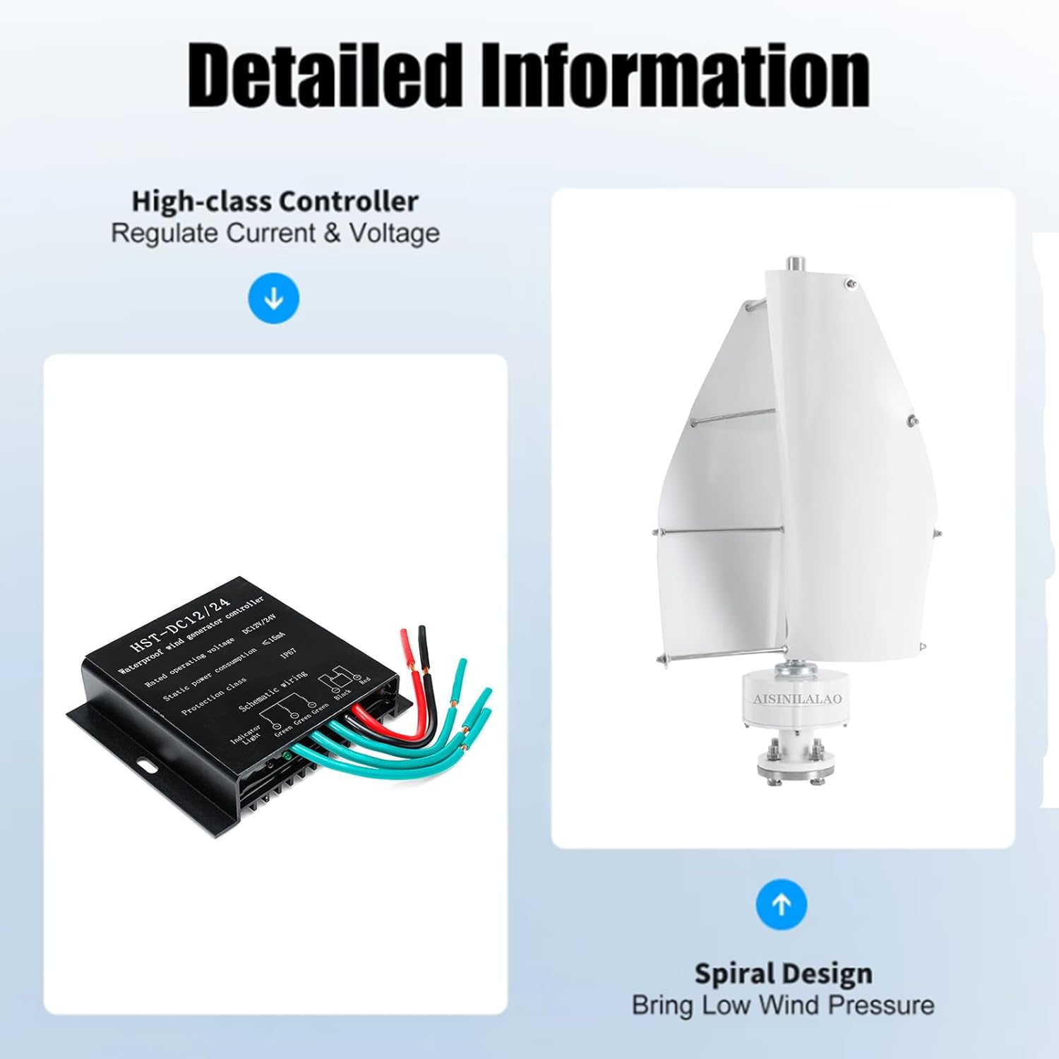 1500W Vertical Spiral Wind Mill Turbine Portable Generator, 48V 24V 12V 2 Blades Free Energy Windmill with Controller for Wind Solar Hybrid Streetlight