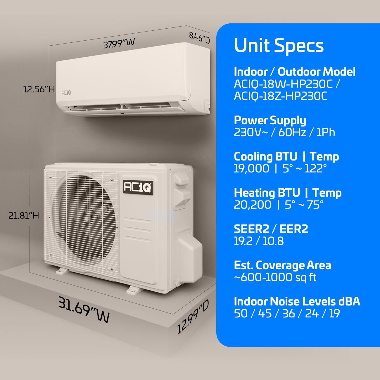 ACiQ 19.2 SEER2 Essentials 18000 BTU Comfortable Inverter Mini Split AC/Heating System, 1.5 Ton White Wall Mount Ductless Heat Pump AC Unit, with 15ft Installation Kit | WiFi Control, 208/230V, R454B
