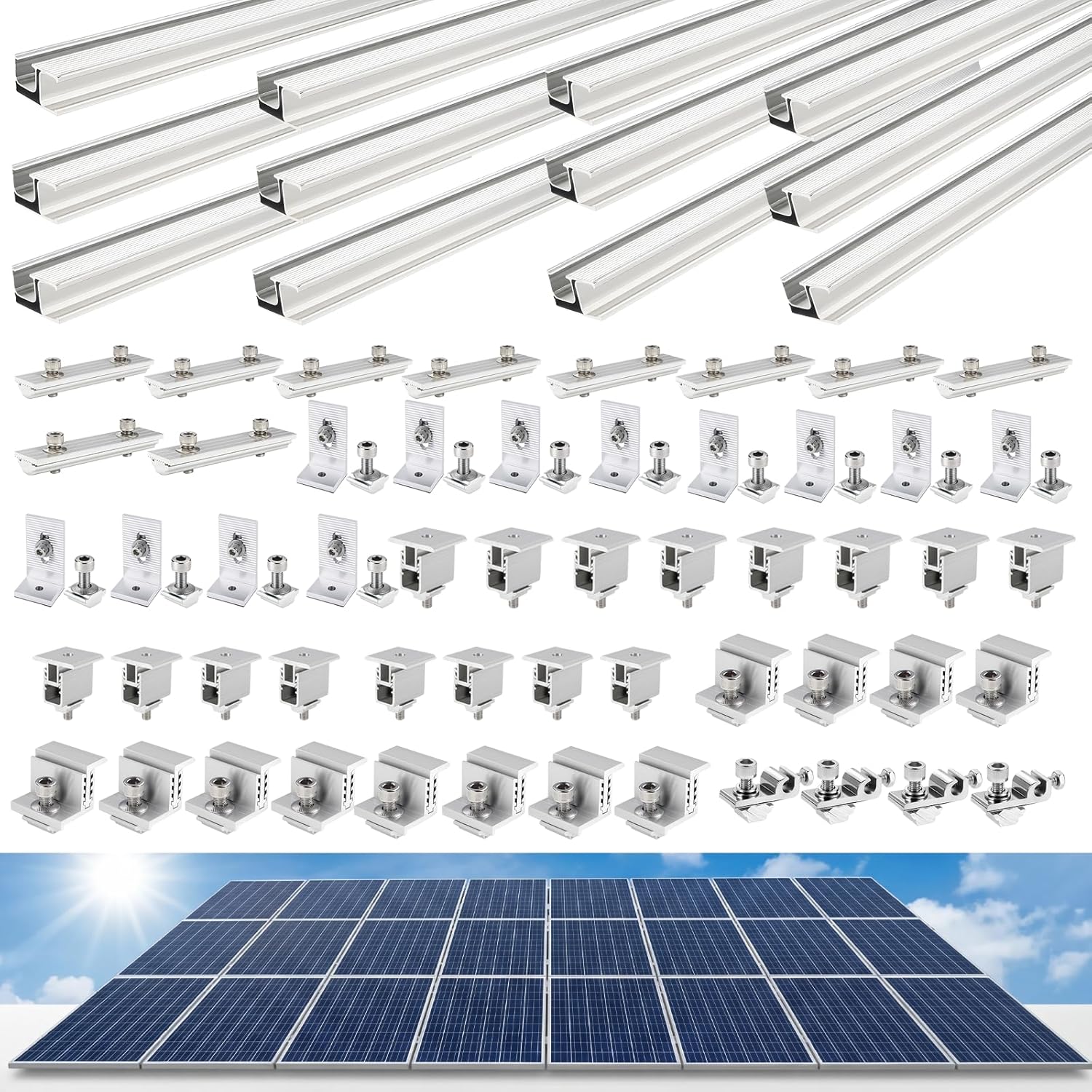 Solar Panel Mounting Brackets, Solar Panel Mounting Kit for 6 Solar Panels, with Clamps, L-Brackets, Includes 12 x 47 inches Rails, Suitable for Metal Roof, Concrete Roof, Wooden Roof, Tile Roof