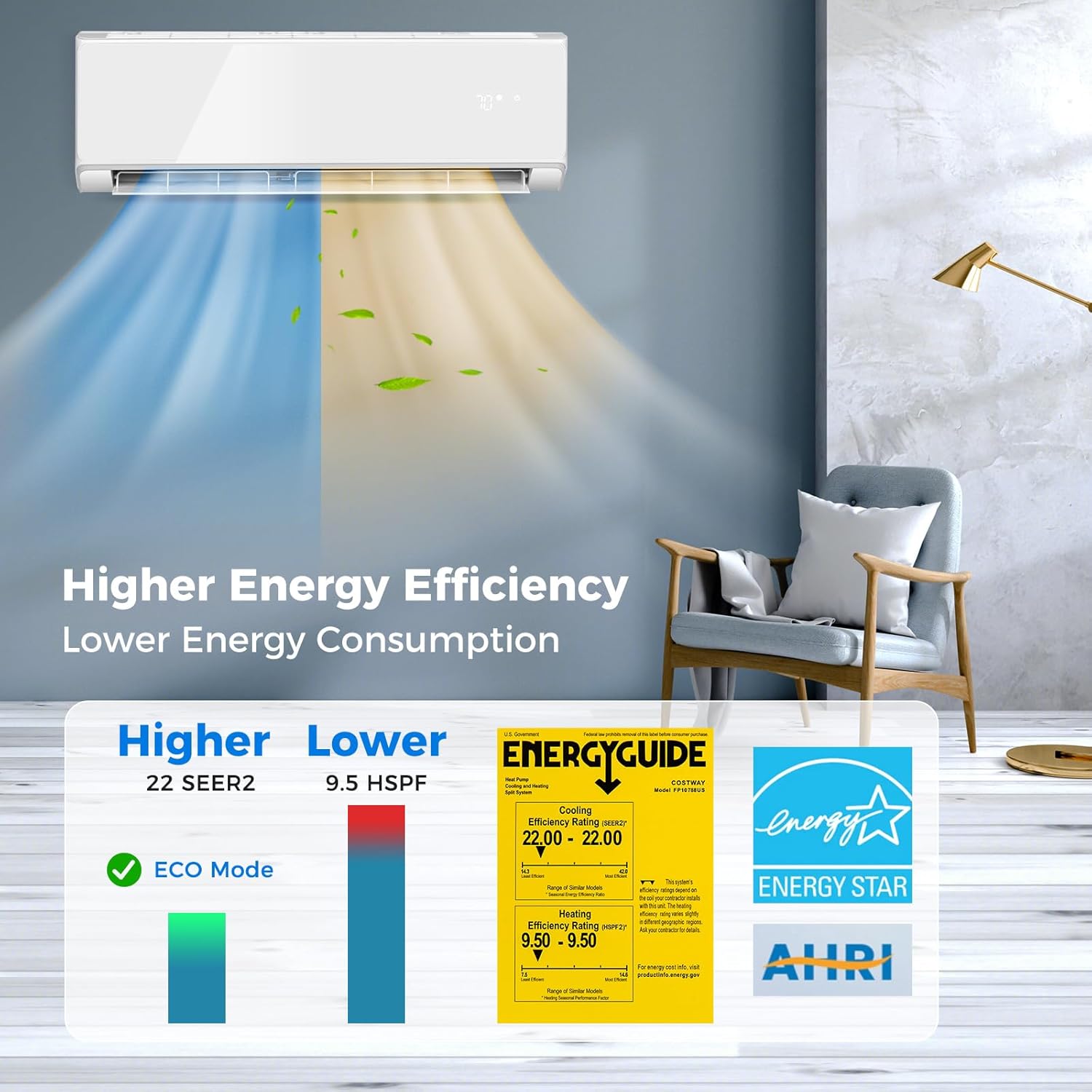 ARLIME 12000 BTU Wifi Enabled Mini Split Air Conditioner & Heater, 22 SEER2 208-230V Inverter AC Unit Cools Rooms up to 750 Sq. Ft, Energy Efficient Split Wall AC w/Heat Pump & Installation Kit