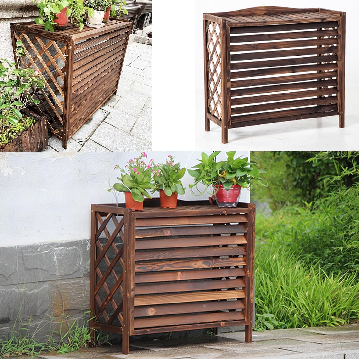 Ac Covers Decorative Ac Unit Cover Wood Air Conditioner Covers for Outside with Top Cover, Plant Stand Brown A