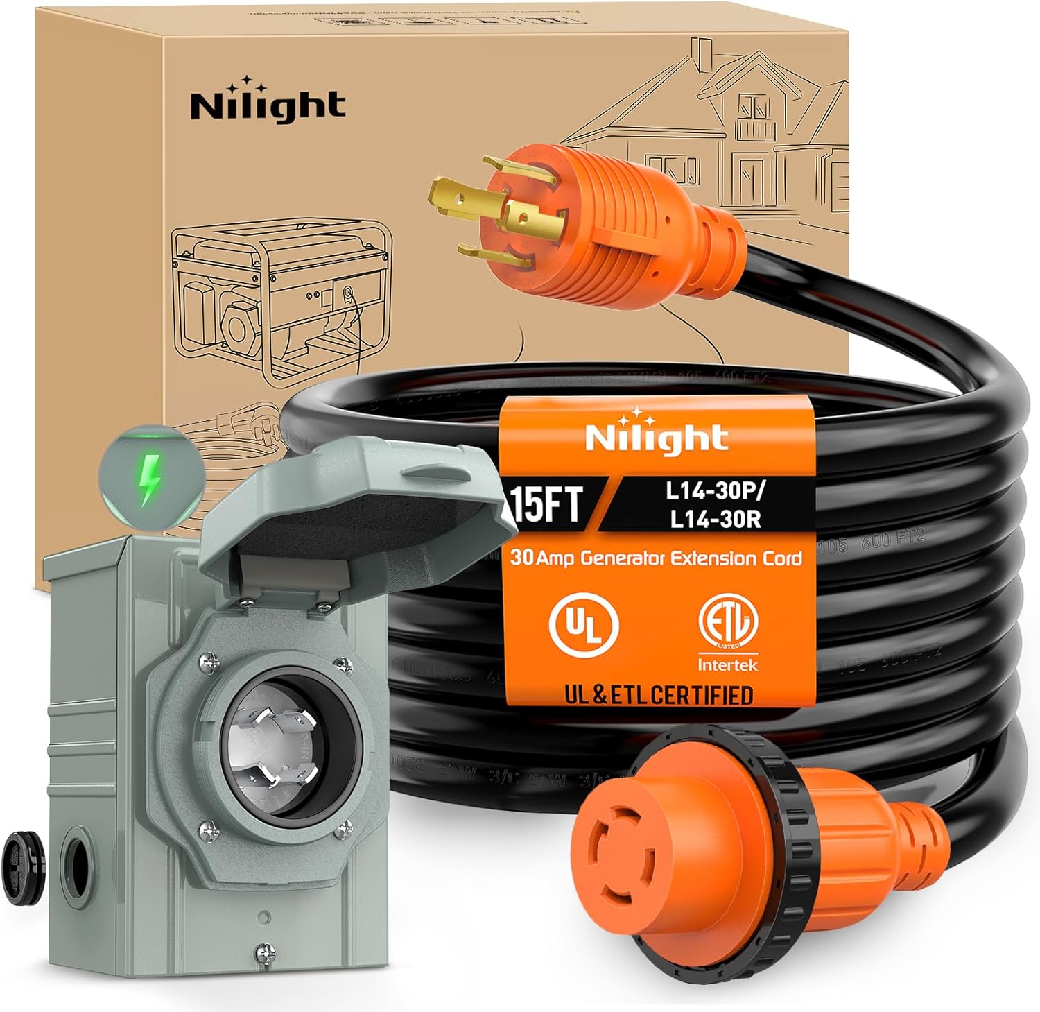 Nilight 30A 15FT Generator Extension Cord Power Inlet Box with Locking Connector 125/250V 7500W 10 Gauge STW ETL Listed 4 Prong L14-30P L14-30R Cable for RV Outdoor Use