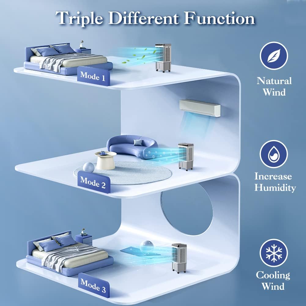 LifePlus Evaporative Air Cooler, 1800CFM Windowless Air Conditioner Portable for Large Room Commercial Garage Outdoor, 3 In 1 Swamp Cooler with Remote Control, 4 Ice Packs, 12H Timer, 5.3 Gallon