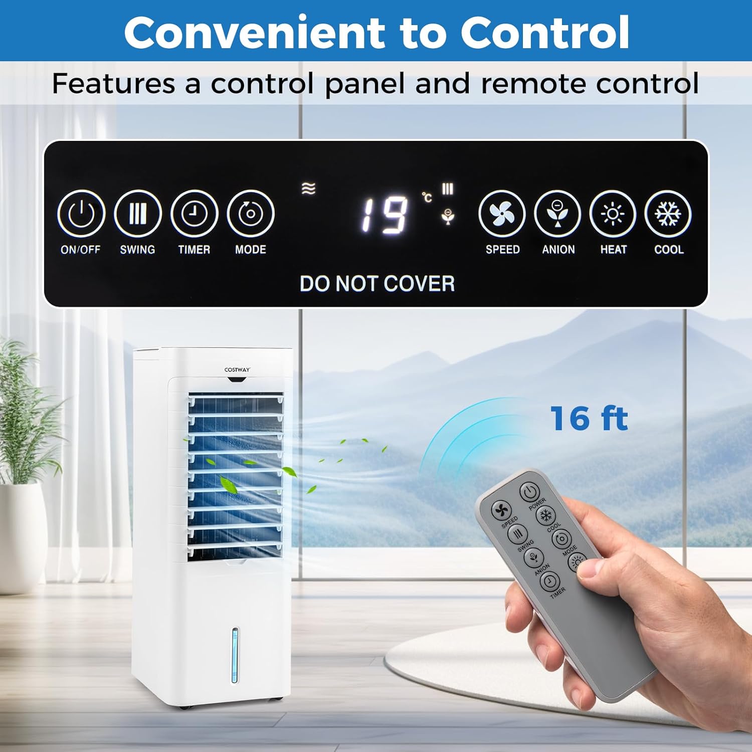 COSTWAY Evaporative Air Cooler and Heater, 3-in-1 Portable cooling fan with 3 Modes, 3 Speeds, 12-Hour Timer for Auto Off, 5.4L Water Tank, Control Panel, Swamp Cooler for Home Bedroom Office