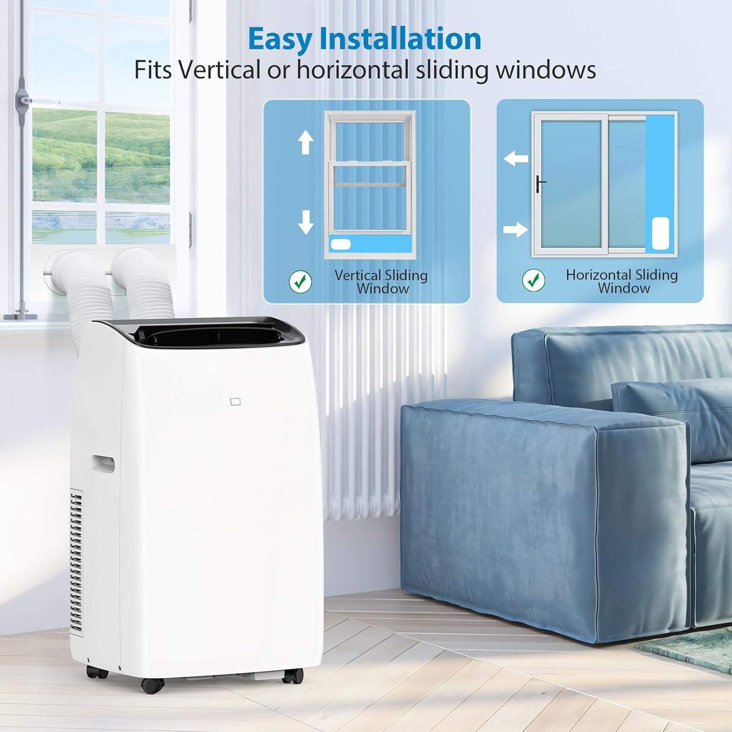 14,000BTU (13,600BTU SACC) Inverter Dual Hose Cooling Portable Air Conditioner, Heater, Dehumidifier, and Fan, Cools up to 750 Sq. Ft Bedroom, Office, Kitchen, Includes Remote Control & Window Kit