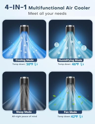 42 INCH Windowless Portable Air Conditioners w/4 Modes & 3 Speeds, 1-Gal Tank for 15H Cooling, 12H Timer, Swamp Cooler Air Conditioner No Window Needed, 90° Oscillating AC Unit for Bedroom