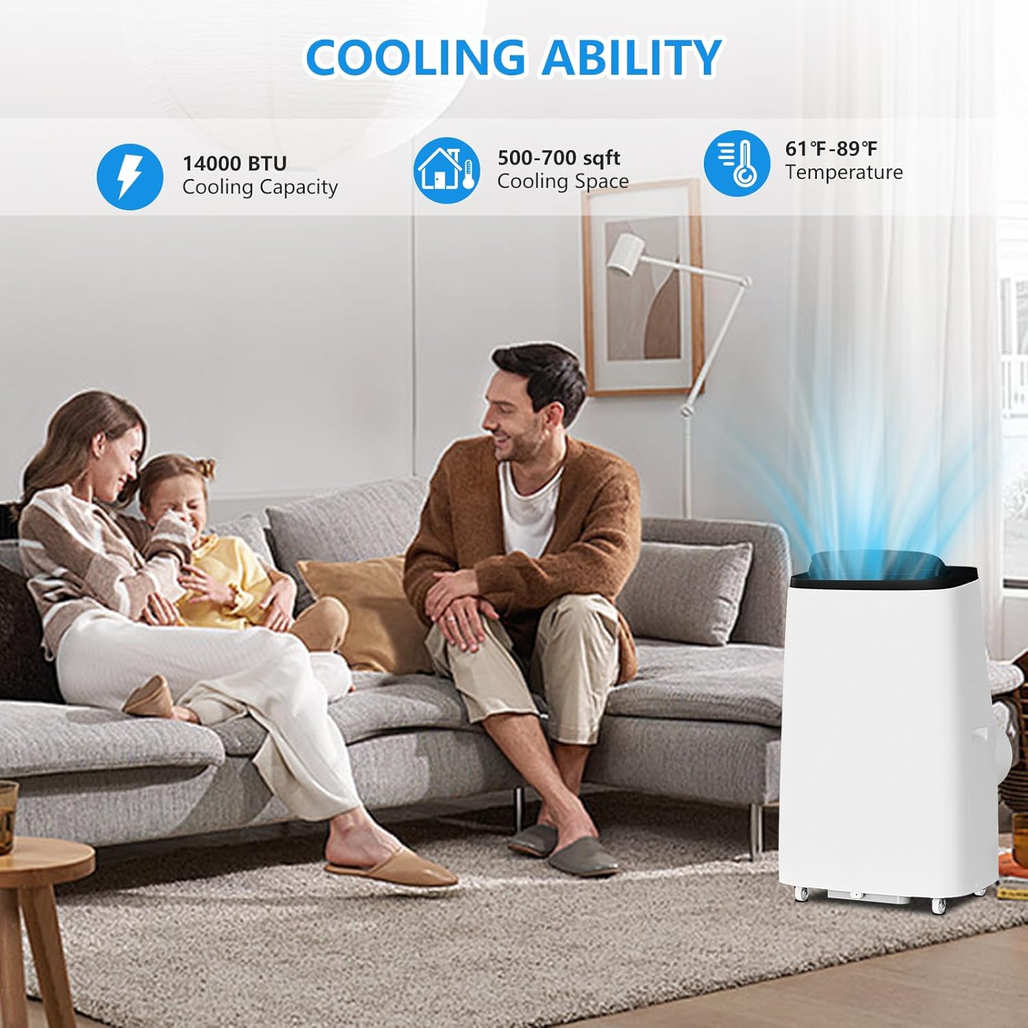 Portable 14000 BTU Air Conditioner, Fan & Dehumidifier, 4-in-1 AC Unit with Cooling, for Rooms Up to 700 Sq.Ft, Includes Remote Control, Sleep Mode, Auto Swing & 24h Timer