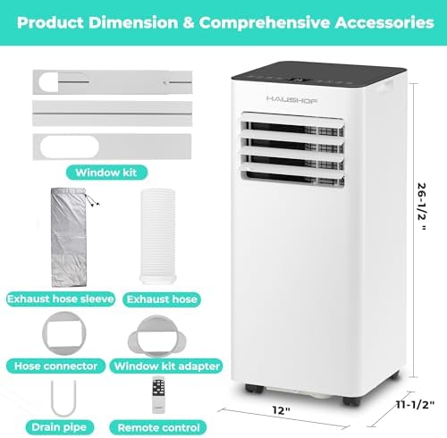 HAUSHOF 10,000 BTU Portable Air Conditioners for Rooms up to 430 Sq. Ft, 3-in-1 AC Unit with Cooling, Fan & Dehumidifier, Quiet Operation, Remote Control, 24H Timer, LED Display & Window Kit Included