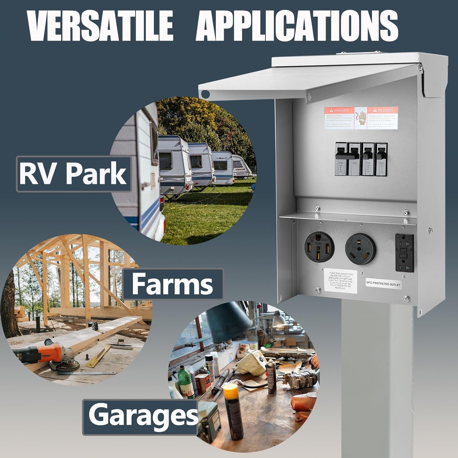 Electrical Outlet Boxes Temporary Power Panel Weatherproof RV Receptacle Box with 30 50 Amp Breaker 20 Amp GFCI Outlet Outdoor Panel for RV Camper Car Travel Generator Motorhome (Update)