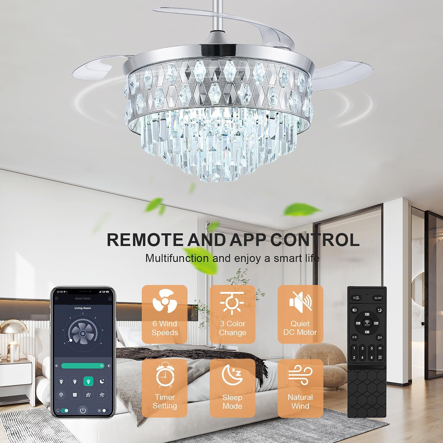 42 Inch Fandelier Ceiling Fan with Light, Chandelier Fan for Bedroom Living Room, Retractable Ceiling Fan with Lights, 6 Wind Speeds, LED Dimmable, Memory and Timing Function-Chrome