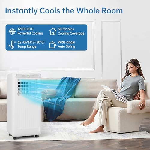 8,000 BTU Portable Air Conditioner,Drain-Free, Ultra-Quiet,Cooling for Rooms Up to 350 sq.ft, Dehumidifier & Fan Modes for Bedroom/Indoor Use,White