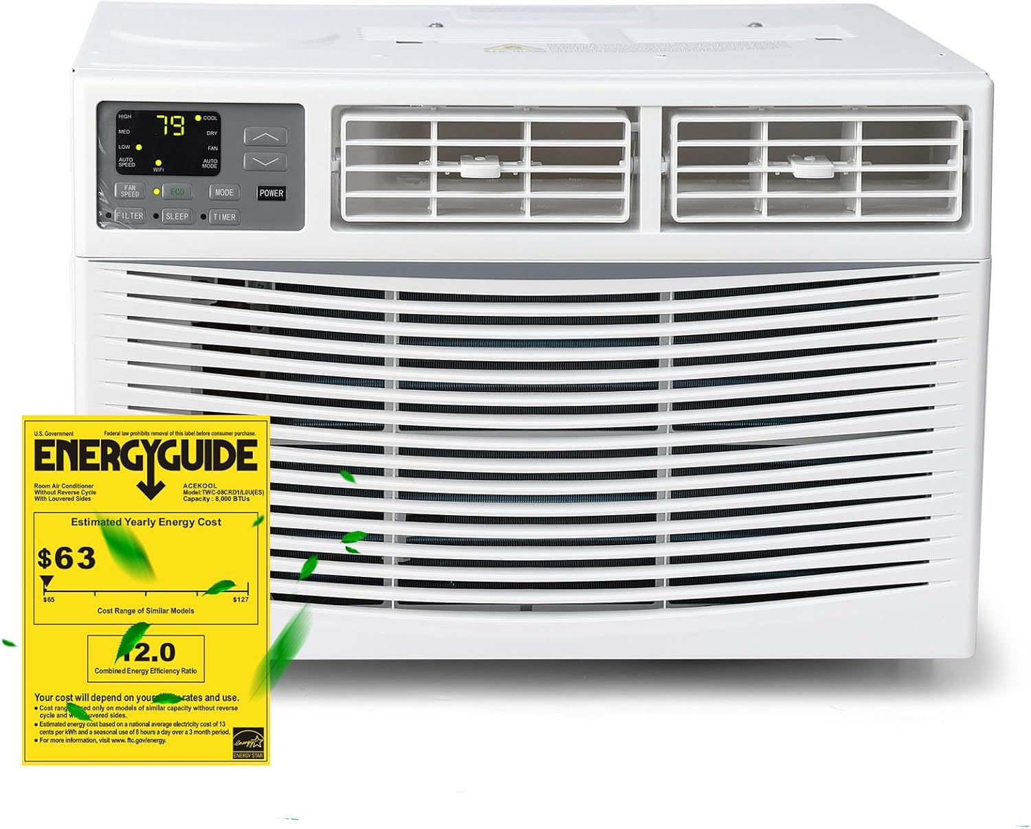 Window Air Conditioner, 8,000 BTU, Cools 350 Sq.ft, 3 Cooling & Fan Speeds, Window AC with Remote/App Control, Energy Saving, 110-115V