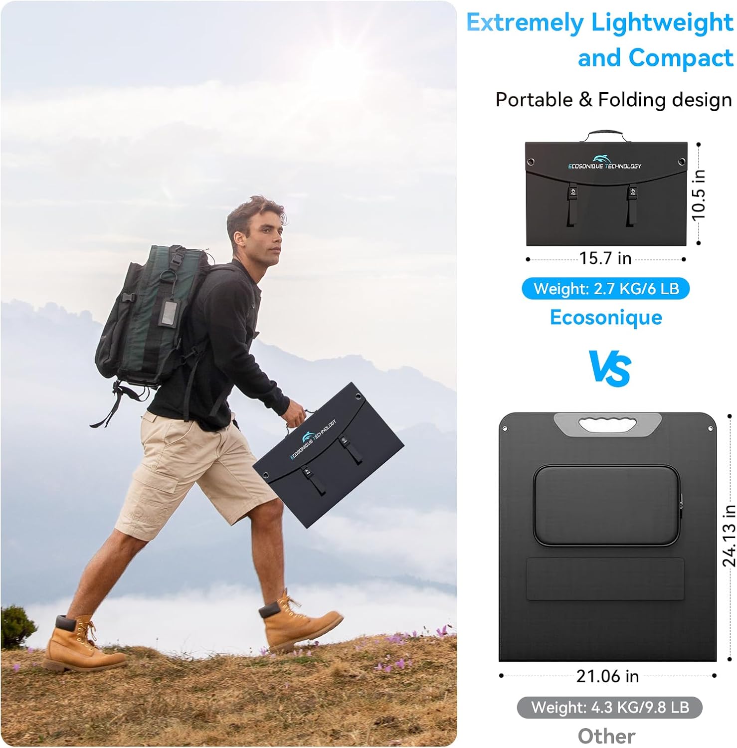 Ecosonique 100W and 400W Portable Foldable Solar Panel with USB-C PD3.0 & USB-A QC3.0, 20V DC MC4 40V Output for Generator, Power Station, RVs, Camping