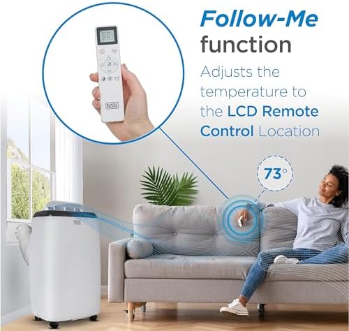 BLACK+DECKER Portable Air Conditioner, 12,000 BTU for Rooms Up To 550 Sq. Ft., Portable AC with Follow Me Remote Control & Window Kit, BPT08WTB, White