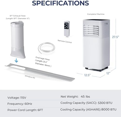 KOTEK Portable Air Conditioners, Air Conditioner for Rooms up to 230 Sq Ft, Ac Unit with Remote Control, 2 Speeds, 4 Modes, 24H Timer & Window Installation Kit for Home/Office/Dorms (Black, 8000 BTU)