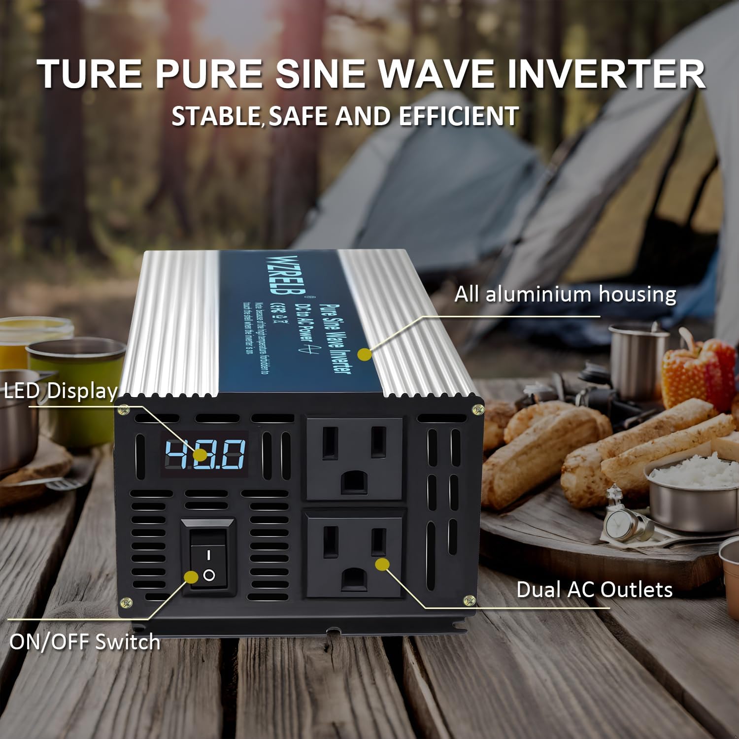 WZRELB 500W Pure Sine Wave Inverter 12V DC to 110V 120V AC Power Converter with LED Display, Off-Grid Portable Power Inverter with 2 AC Outlets for Home, RV, Truck, Camping