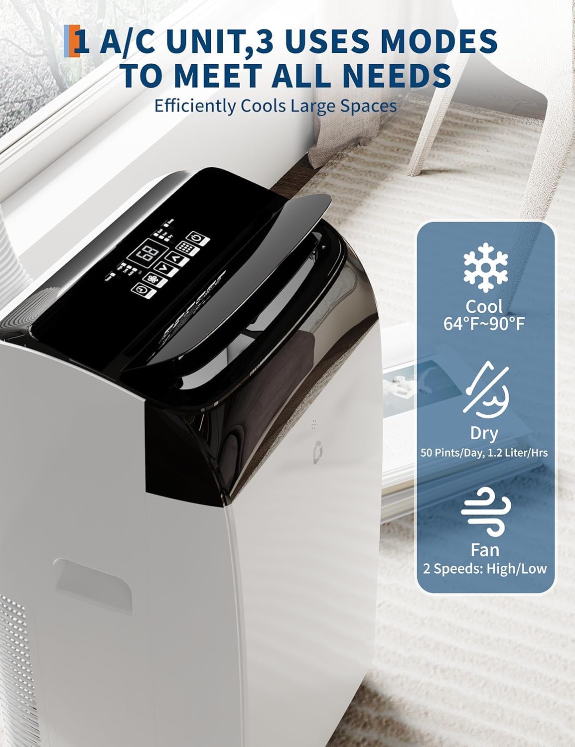 12,000 BTU Portable Air Conditioner - 3-in-1 Mobile AC Unit with Remote Control, Ultra-Quiet 48dB Operation, Covers 550 Sq.Ft, 24/7 Timer, Window Installation Kits for Home/Office/RV Use, Black Top