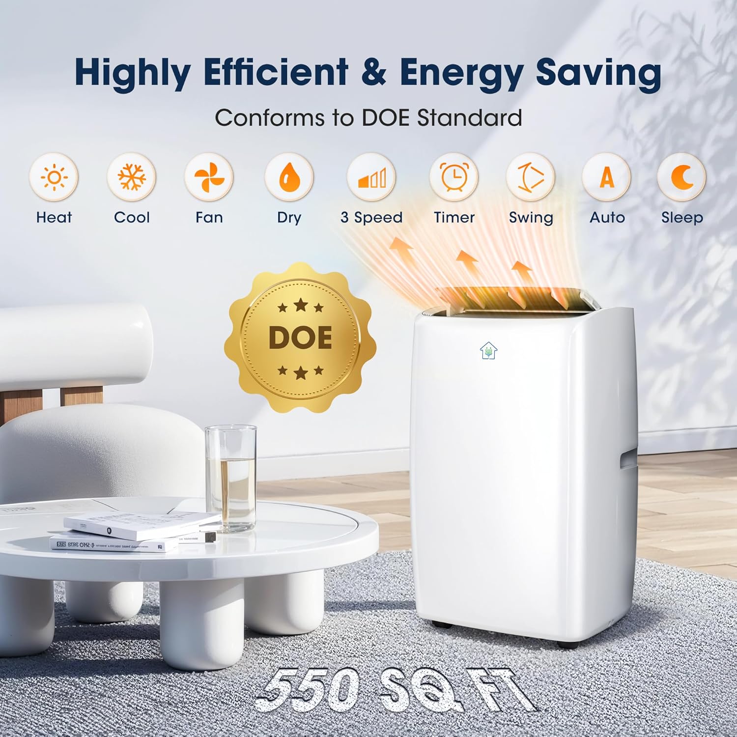 12000BTU Portable Air Conditioners, Smart AC Unit with App & Remote Control, 4-in-1 Cooling, Heating, Dehumidifier, Fan for Rooms up to 550 sq.ft, 24H Timer, White