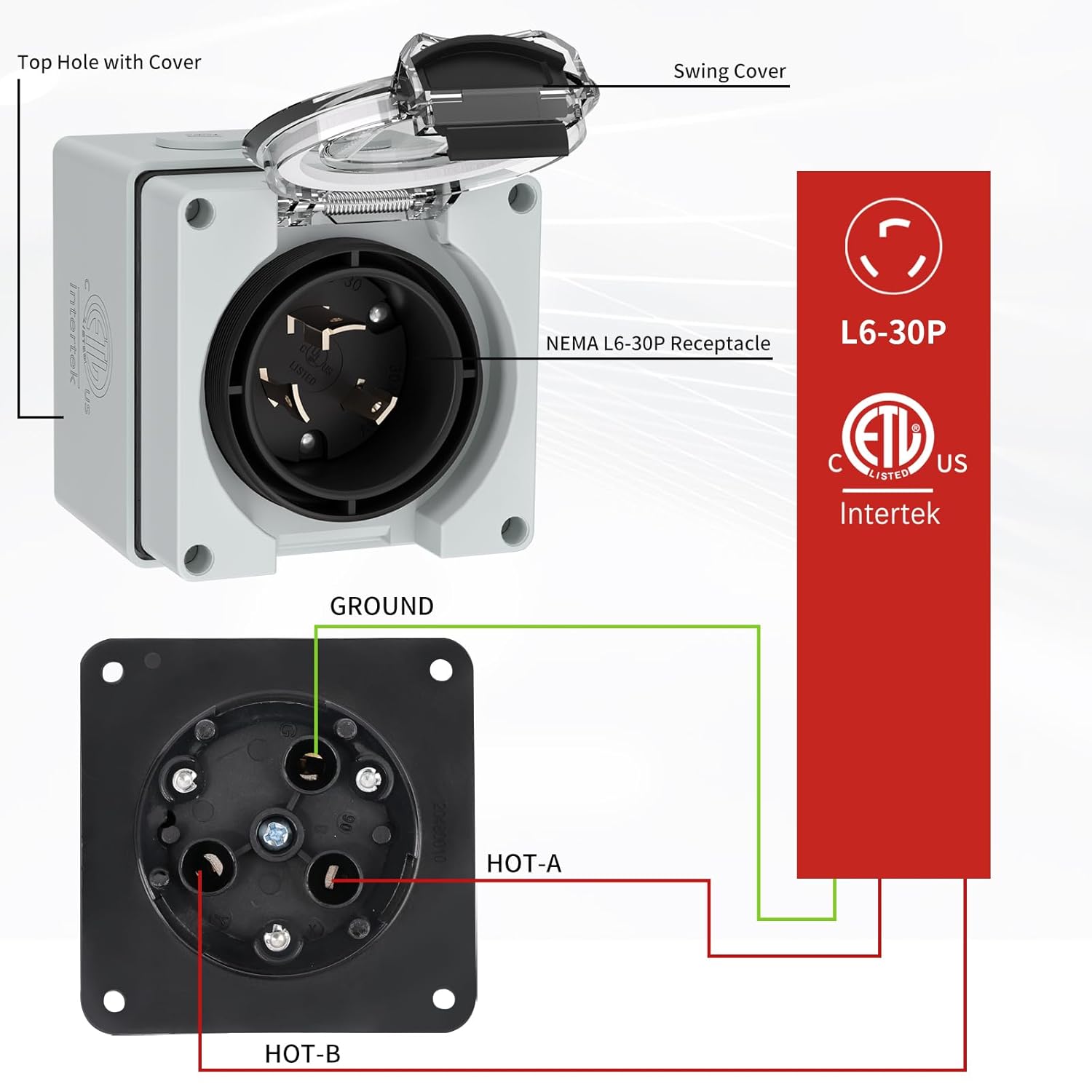 1pcs L6-30P-BOX US 30Amp Generator Power Inlet Box, NEMA L6-30P Box 250 Volt Male Plug Outdoor dustproof and Weatherproof for Generators
