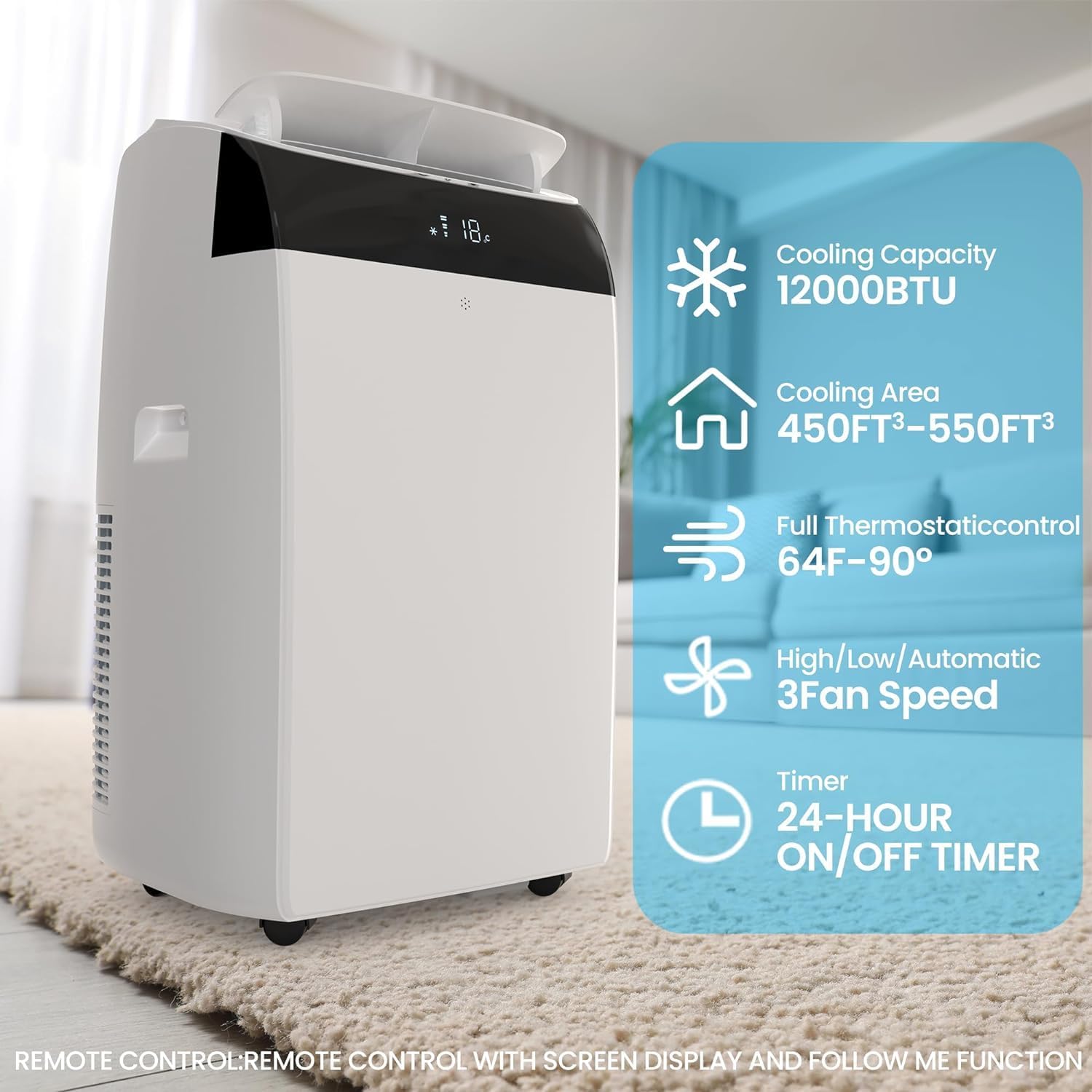 12,000BTU Cooling Portable Air Conditioners, Dual Motor Floor AC Unit with Fan & Dehumidifier, Sleep Mode 51db, 24H Timer, Indoor Standing AC Unit with Remote Control for Room Up to 550 Sq. Ft