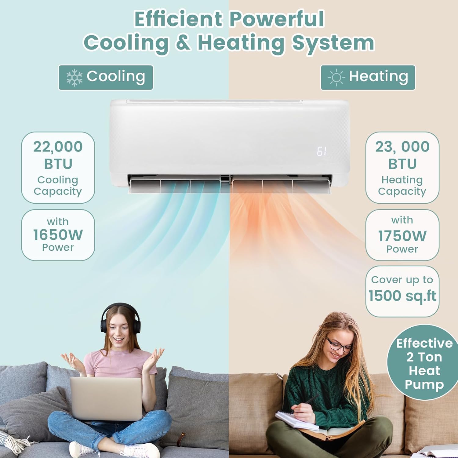RELAX4LIFE Mini Split Ac/Heating System, 24000 BTU Ductless Mini Split Air Conditioner w/Heat Pump, Works with Alexa, Cools Up to 1500 Sq.Ft, Installation Kit, 21 SEER2 208-230V Inverter Split AC Unit
